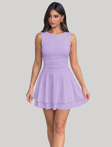 Image of IWD Women's Boat Neck Sleeveless Mini Dress Ruched Waist Flowy Tiered Ruffle Hem A Line Party Short Dresses