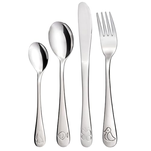 GRÄWE Kinderbesteck Set mit Tiermotiven, 4-teilig, Edelstahl poliert, spülmaschinengeeignet für Jungen und Mädchen, Geschenk zur Taufe