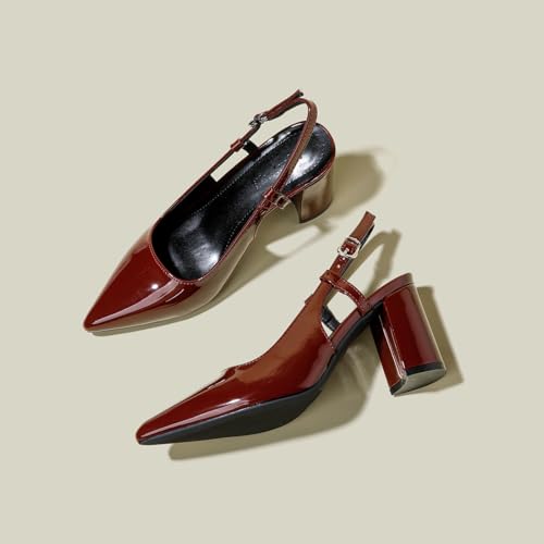 Women's High Heels Pointed Toe, Thick Heel Closed Buckle, Mid-Heeled Patent Leather Dress, Party Dress Shoes Office Work High Heel Pump Shoes3