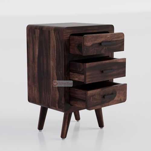 Image of DRIFFTINGWOOD Alicia Solid Sheesham Wood Handcrafted Bedside Table End Table or Nightstand with 3 Drawers, Lamp Table, Walnut Finish