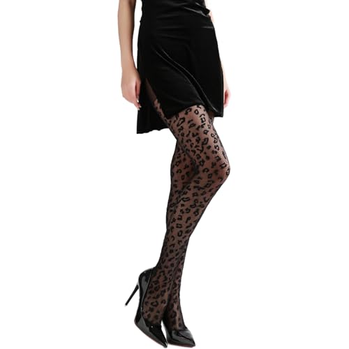 Verdancy 15D Sheer Pantyhose Leopard Print Nylon Tights for Women High Waist Ultra Stretchable Plus Size up to 210lbs (One Size Plus Tall 1Pc Black)