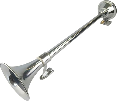 12/24V Hupe Horn 635mm Fanfare Druckluft Nebelhorn Rund mit Ventil 64cm 125dB Chrom Metal Hochwertig inkl. Montagesatz LKW Wohnwagen Boot Landtechnik Neu OVP