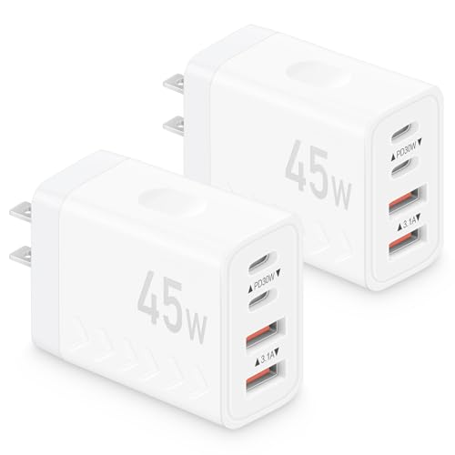 45W USB C Charger Block | 4-Port Fast Charging Blocks (2 USB-C + 2 USB-A) | PD3.0/QC3.0 Compact Wall Charger Compatible with iPhone 17/16/15/14/13/12/11/X Galaxy S26/S25/S24/S23 iPad & More (2-Pack)