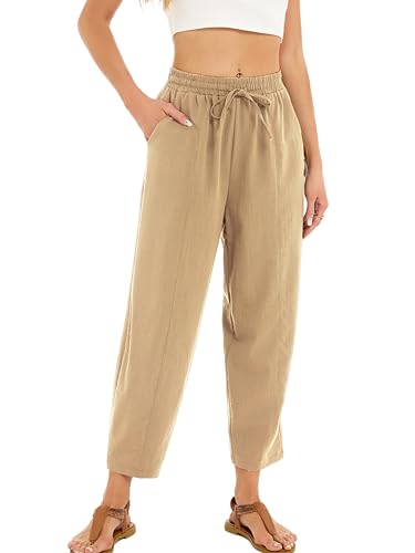 Enjyam Damen Freizeithose Leicht Luftig 7/8 Hose Elastisch Bund Locker Sommerhose mit Taschen Alltagshose Khaki M