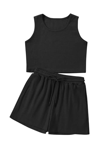 Image of Mebius Girl's 2 Piece Outfit Crop Tops Shorts Set Ribbed Knit Cropped Tank Tops Sleeveless Round Neck
