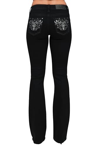 Miss Me Women's Mid-Rise Black Spur Longhorn Western Embellished Bootcut Jeans