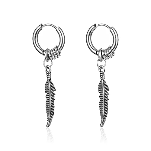 T-ztoss Stainless Steel Punk Drop Dangle Hinged Earrings Feather Gothic Mens Earring Black Huggie Hoop Earrings for Women (Silver)