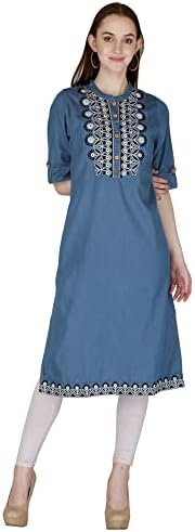 HI-FASHION Embroidered Denim Kurti For Women || Indian Tunic Top Patch Work Denim Straight Kurta For Women's And Girls