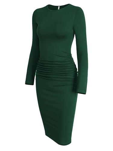 Image of Missufe Women's Long Sleeve Slim Ruched Bodycon Dress 2025 Trendy Fall Casual Round Neck Sheath Knee Length Outfits Clothes