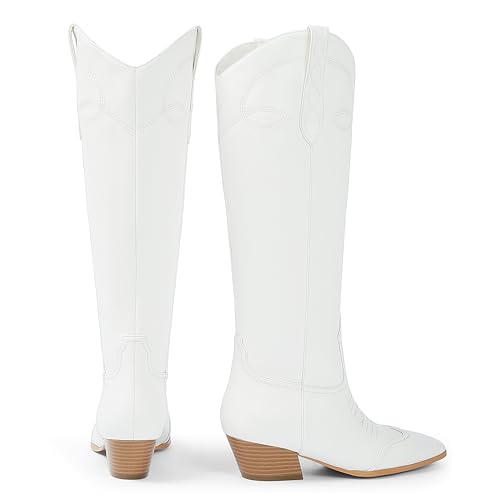 Cowgirl Boots for Women Square Toe Western Cowboy Boots Knee High Chunky Heel Pull On Tall Boots2