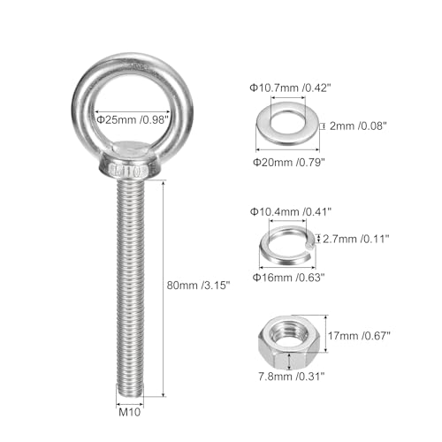 Image of uxcell Lifting Eye Bolt, 1 Set M10 x 80mm Eye Bolt with Nut Washer 304 Stainless Steel Shoulder Lifting Ring Eye Bolt for Hanging Item