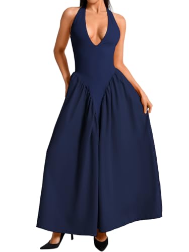 Image of ChiaoLezhee Deep V Neck Dress, Halter Maxi Dresses, Vacation Date Night, Sexy for Women Corset Flowy Wedding Guest Drop Waist