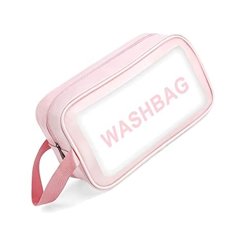 SUNSHINETEK Waterproof Toiletry Bag PVC Cosmetic Bag Pink Portable Toiletry Wash Bag Clear PU Zippered Makeup Bag for Travel Bathroom Women and Kids(Small) Cover