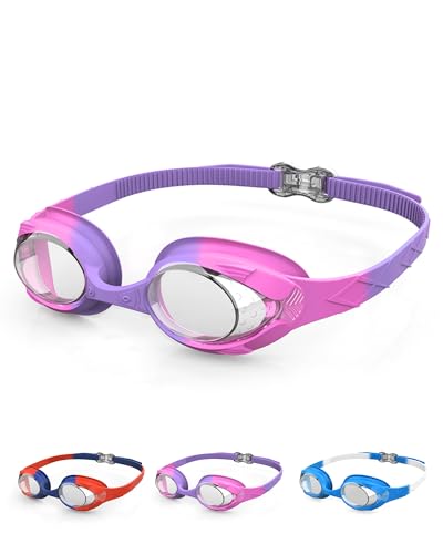 SWAUSWAUK Gafas de Natación para Niños de 4-10 años, Gafas Piscina Niños, Diseño de Pez, Antiniebla y Ajuste Cómodo (Rosa y morado)