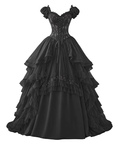 Ftupza Gothic Wedding Dress Black Tulle Victorian Dress for Women