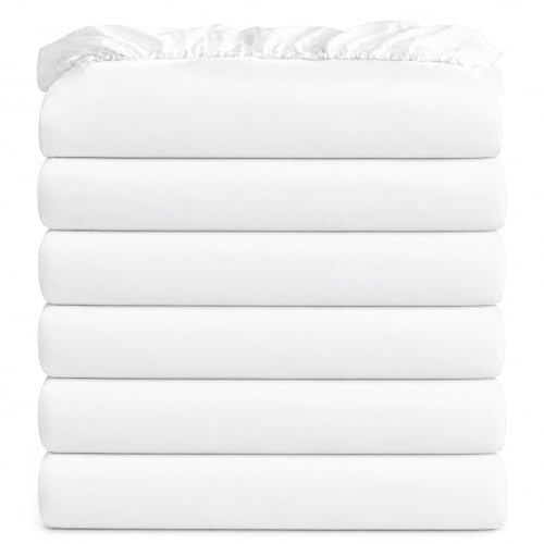 White Bulk Twin Fitted Sheet Only Deep Pocket 6 Pack Quick Sort Bottom Bed Sheets Color-Coded Label Threads Soft Brushed Microfiber Hotel Motel Airb&bs Essentials for Hosts 39x75
