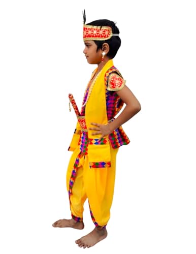 Image of BookMyCostume Shri Krishna Multicolor Kids Fancy Dress Costume 9 Pcs Set with Red Accessories - Premium 5-6 years
