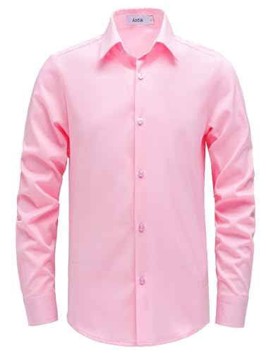 AOTIK Boys Dress Shirts Long Sleeve Button Down Shirts Stretch Formal School Uniform Shirt 2 Fits (Regular/Husky) 14 Pink
