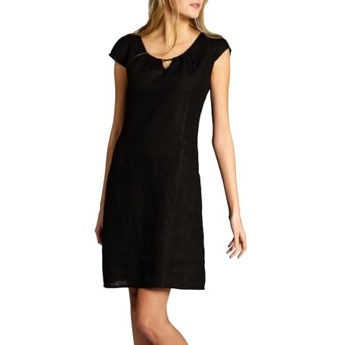 Caspar SKL020 knielanges Damen Sommer Leinenkleid mit eleganter Metallspange bis Größe 50, Farbe:schwarz, Größe:L - DE40 UK12 IT44 ES42 US10
