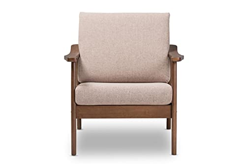Baxton Studio Venza Mid-Century Modern Walnut Wood Light Brown Fabric Upholstered Lounge Chair #TOP1