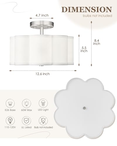 Image of Semi Flush Mount Ceiling Lights, 3-Light 13 inch Ceiling Light Fixtures with Fabric Shade in Flower Shape, Brushed Nickel Drum Lighting for Nursery Hallway Bedroom Kitchen, AD-22007-3SF-SN