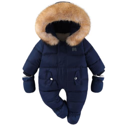 Bambino Inverno Tuta Da Neve Bambina Vello Pagliaccetti Con Cappuccio Tuta Infante Ragazzi Ragazze Caldo Cerniera Capispalla Con Guanti Blu 6-9 Mesi