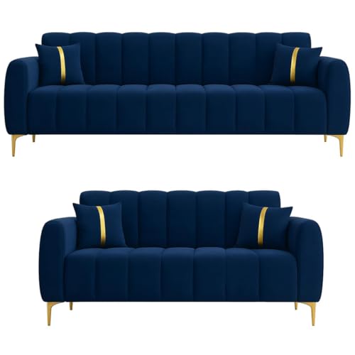 Image of FURNY Harmony 5 Seater Fabric 3+2 Sofa Set (Blue) with Premium Velvet & Golden Finish Legs | Durable & Comfortable | Ideal for Living Room