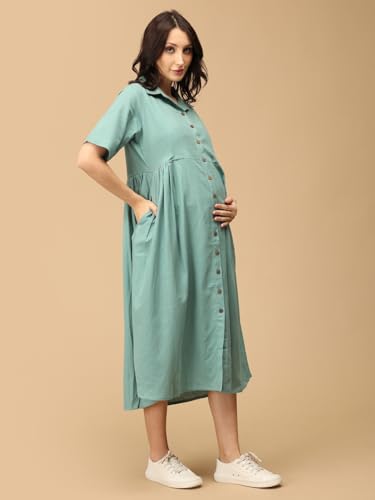 Image of The Mom Store Maternity & Nursing Midi Dress for Women | Pregnancy & Postpartum Wear | Cotton Flex Dress for New Mom | Trendy Stylish Comfortable Feeding Dress for Womens | Causal Office Formal Wear