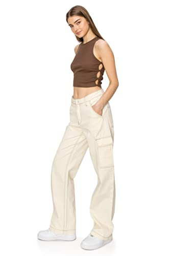 Cali1850 Women’s Straight Leg Cargo Pants - High Waisted Contrast Stitch Twill Fabric Casual Multi Pockets Trousers4