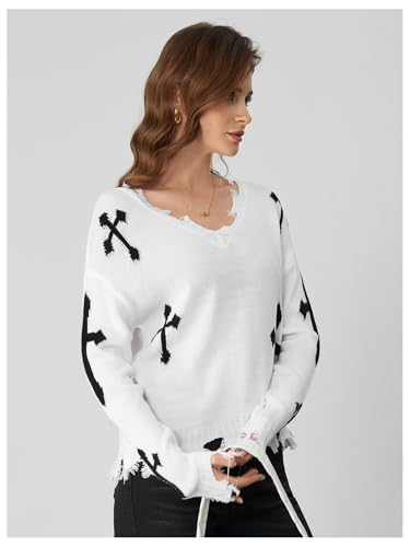 Image of BEAUDRM Women's Graphic Sweaters V Neck Long Sleeve Distressed Sweaters Raw Hem Knitted Pullover Top White Medium