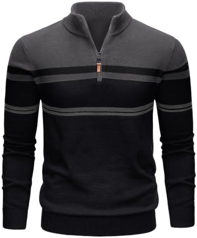 TACVASEN Pullover Herren Baumwolle Half Zip Strickpullover Winter Troyer | Stehkragen, Warm, Langarm, Sweater, Gestreiftes, Arbeit, Freizeit
