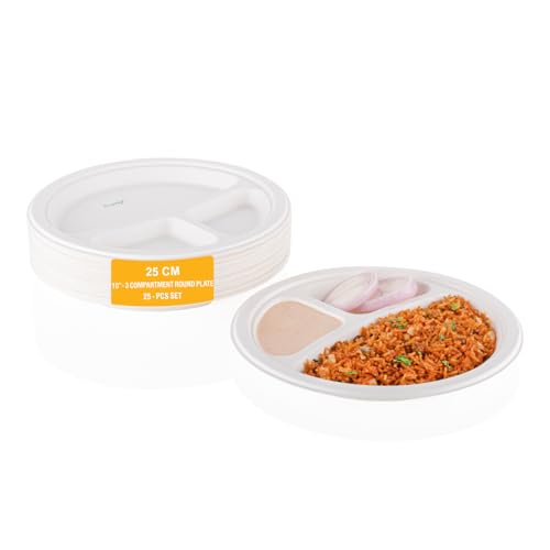 Image of Clazkit 10 Inch 25 Pack, 3-Compartment Disposable Bagasse Plates | Eco-Friendly, Biodegradable, Sugarcane Paper Plates | for Serving Dinner | Birthday, Wedding & Party | Round, White