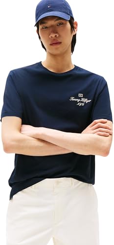 Tommy Hilfiger T-Shirt Manches Courtes Homme Outline Script Tee Regular Fit, Bleu (Desert Sky), L