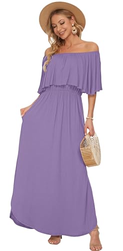 Image of AUSELILY Womens Off Shoulder Ruffle Split Summer Maxi Dresses with Pockets | Off-shoulder Ruffle dress with empire waist & side split for summer beach and casual parties