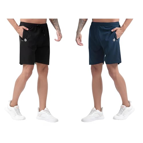 Image of BLUE STAR SHARK Athletic Sports Shorts for Men with Zip Pockets and Elastic Waistband Quick Dry Lightweight Activewear Combo - Pack of 2