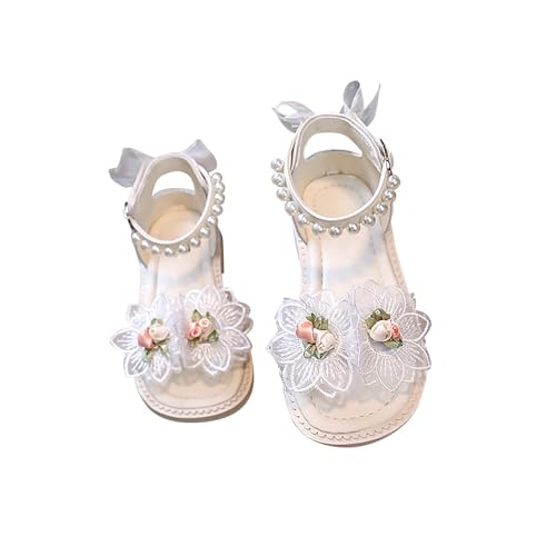 Little Girls Leather Flat Sandals Open-Toe Princess Shoes for Girls Floral Lace Pearl Dress Shoes Cute Strappy Sandals