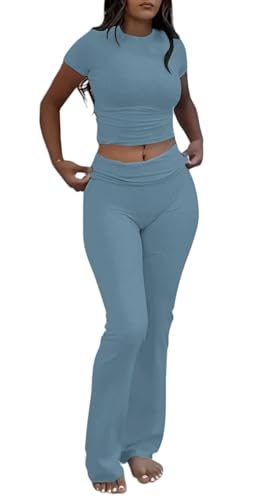 Image of AYWA Women's 2 Piece Lounge Sets Short Sleeve Crop Top Foldover Flare Pants Casual Pajama Outfits