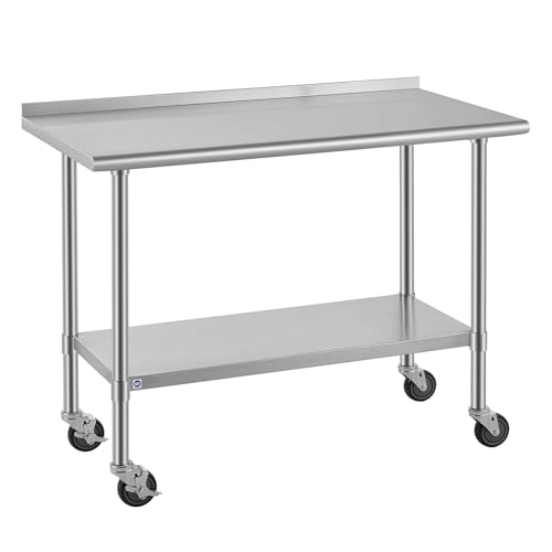 Image of ROCKPOINT All Stainless Steel Prep Table with Caster & Backsplash 24x48 Inch,Commercial Heavy Duty Workbench with Stainless Legs & Adjustable Undershelf,830 lb Capacity for Outdoor Kitchens with Wheel