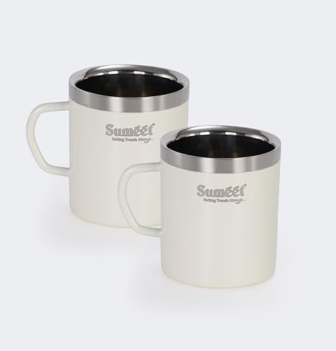 Image of Sumeet Stainless Steel Coloured Double Wall Tea /Milk /Coffee Mug Set of 2Pc - 300ml - Ivory