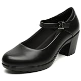 Womens Mary Jane Dress Shoes Chunky Low Block Heels 7CM Closed Toe Work Platform Pumps Dressy Orthopedic for Business Flight Wedding Office Ankle Strap Leather Casual Comfort with Arch Support