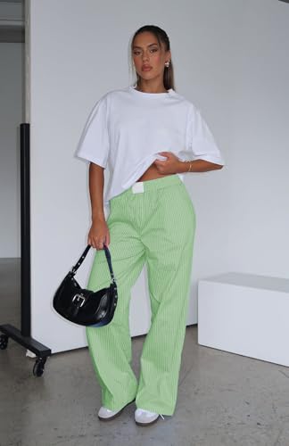 heyheyshine Y2K Women Straight Wide Leg Pants Striped Print Trousers Low Waist Striped Elastic Waisted Y2K Lounge Pants4