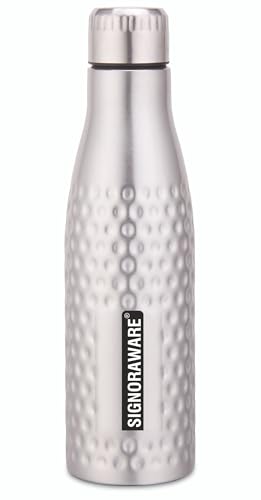 Image of Signoraware Aace Hammered Stainless Steel Single Walled Bottle | Airtight & Leakproof | LightWeight | Easily fit Into bags | Great for School, Office, Home, Gym & Travel Use | (1 Ltr | Steel)