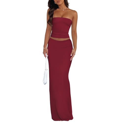 Image of Goafuliy 2 Piece Skirt Sets for Women Summer, Floral Sleeveless Tube Top Bodycon Maxi Skirts Y2k Vacation Going Out Outfits