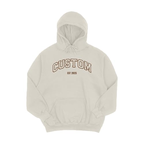 Image of Crafted Memories - Custom Word/Est Date Personalised Hoodie for Women And Men, Custom Valentines Couple Hoodie with Initial on Sleeve, Embroidered Unisex (Standard Hoodie, Natural Stone, M)