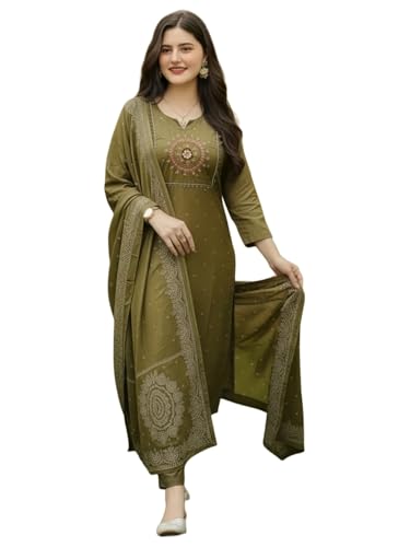 Image of ANNI Designer Women's Rayon Viscose Straight Embroidered Kurta with Pant and Dupatta | Ethnic Kurta Set for Festive, Office