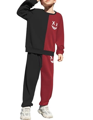 Image of Arshiner Boys Cartoon Face Print Two Tone Crewneck Sweatshirt and Pants Set Tracksuits Outfits Size (2T - 7-8)