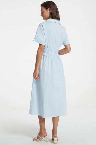 Image of Ladyful Women Casual Button Down Short Sleeve Shirt Dress Tie Waist Midi Shirt Dress Elegant Business Party