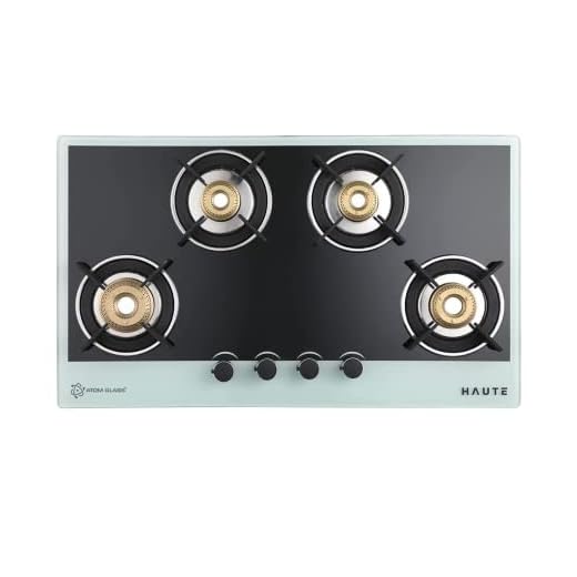 Haute Kitchen Haute Evoque Series 2.0 X Sabaf Black&White 4 Burner Manual Ignition Glass Gas Stove |8MM Atom Glass || Door Step Service | 5 years warranty on Burner, Glass, Valves By Haute Home