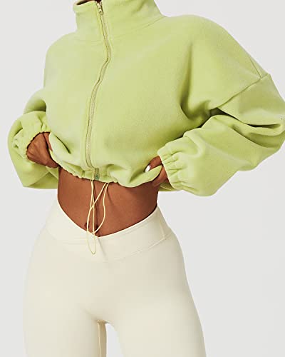 Qinsen Full Zip Fleece Jacket For Women Active Winter Warm Crop Sweatshirt Drawstring Fit Coat Lime Green S #TOP4