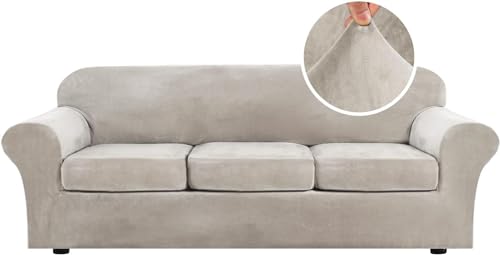 LINGKY Velvet Sofa Cover 3 Seater With 3 Separate Sofa Seat Cushion Covers, Stretch Couch Cover Non-Slip Sofa Slipcovers for Living Room Furniture Protector (Oatmeal,Large 3 Seater)